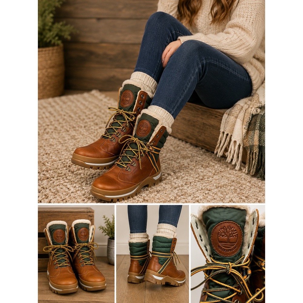 Timberland Courmayeur Valley Waterproof Winter Boots Brown Green Faux Fur Lining